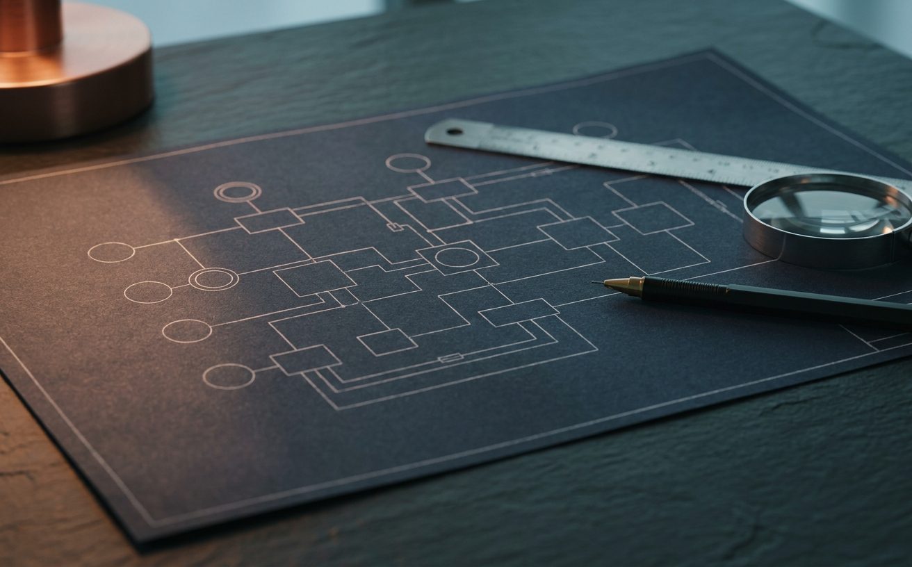 Plan technique déplié avec règle, crayon et loupe : le schéma d'infrastructure établi lors de l'audit