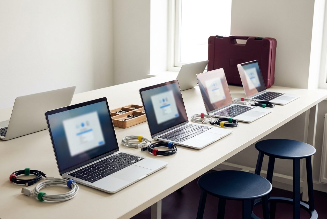 Postes portables alignés sur un établi, en cours de préparation