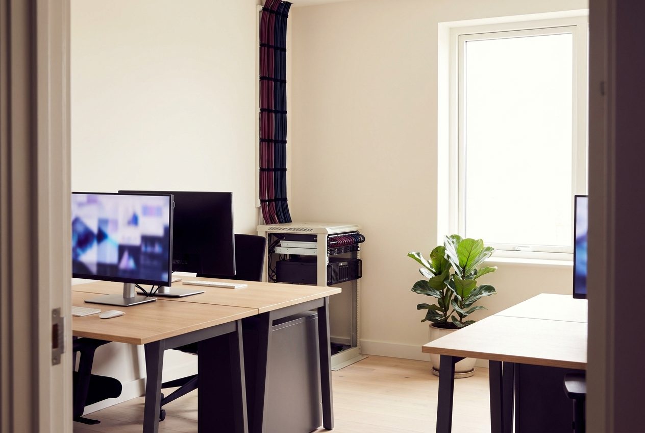 Salle informatique claire avec postes de travail et coffret réseau ouvert