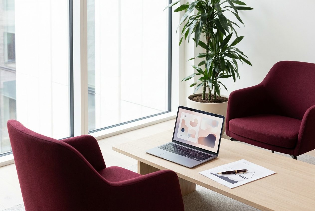 Coin de réunion lumineux avec un ordinateur portable et un document de travail