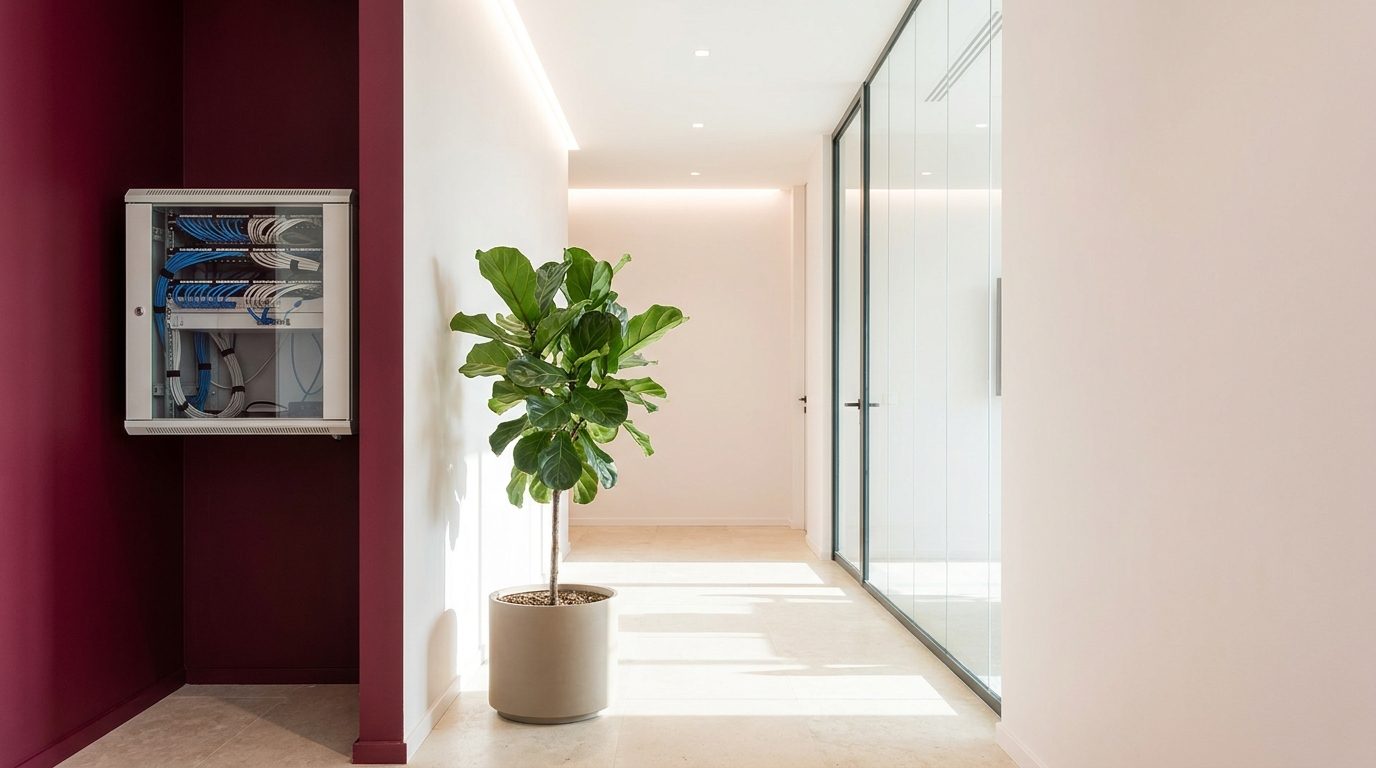 Couloir de bureau lumineux avec un coffret réseau mural au câblage rangé