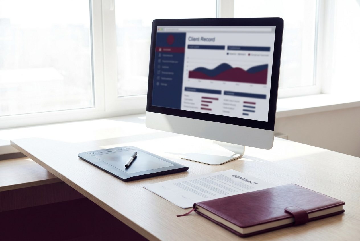 Bureau de conseiller lumineux avec écran, tablette de signature et contrat imprimé