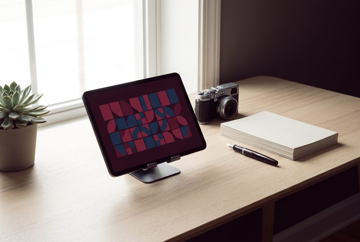 Plan de travail clair avec une tablette affichant une grille de contenus, un appareil photo et des feuilles imprimées