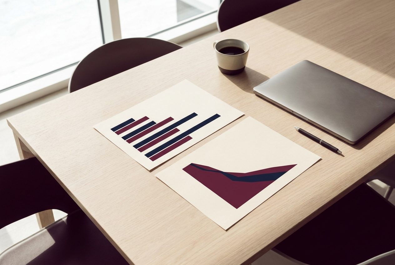 Table de réunion claire avec deux graphiques de performance imprimés et un ordinateur portable