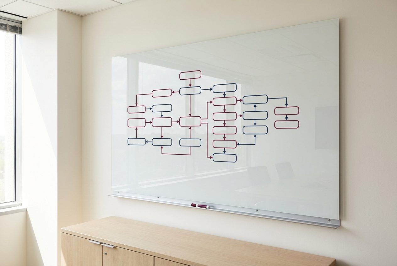 Tableau blanc vitré portant un schéma de flux entre applications