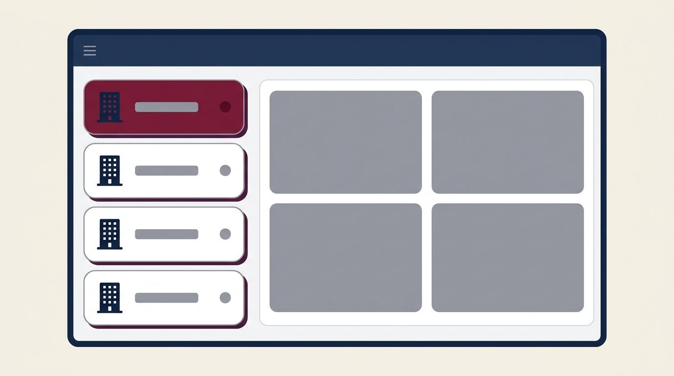Maquette d'interface : console multi-sites, liste des adresses et mosaïque de vues