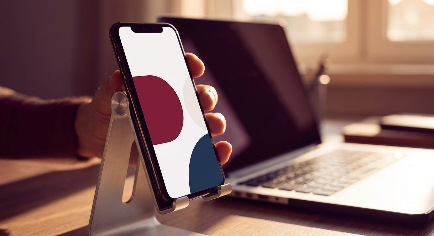 Téléphone posé sur un support affichant une demande de validation, portable en arrière-plan