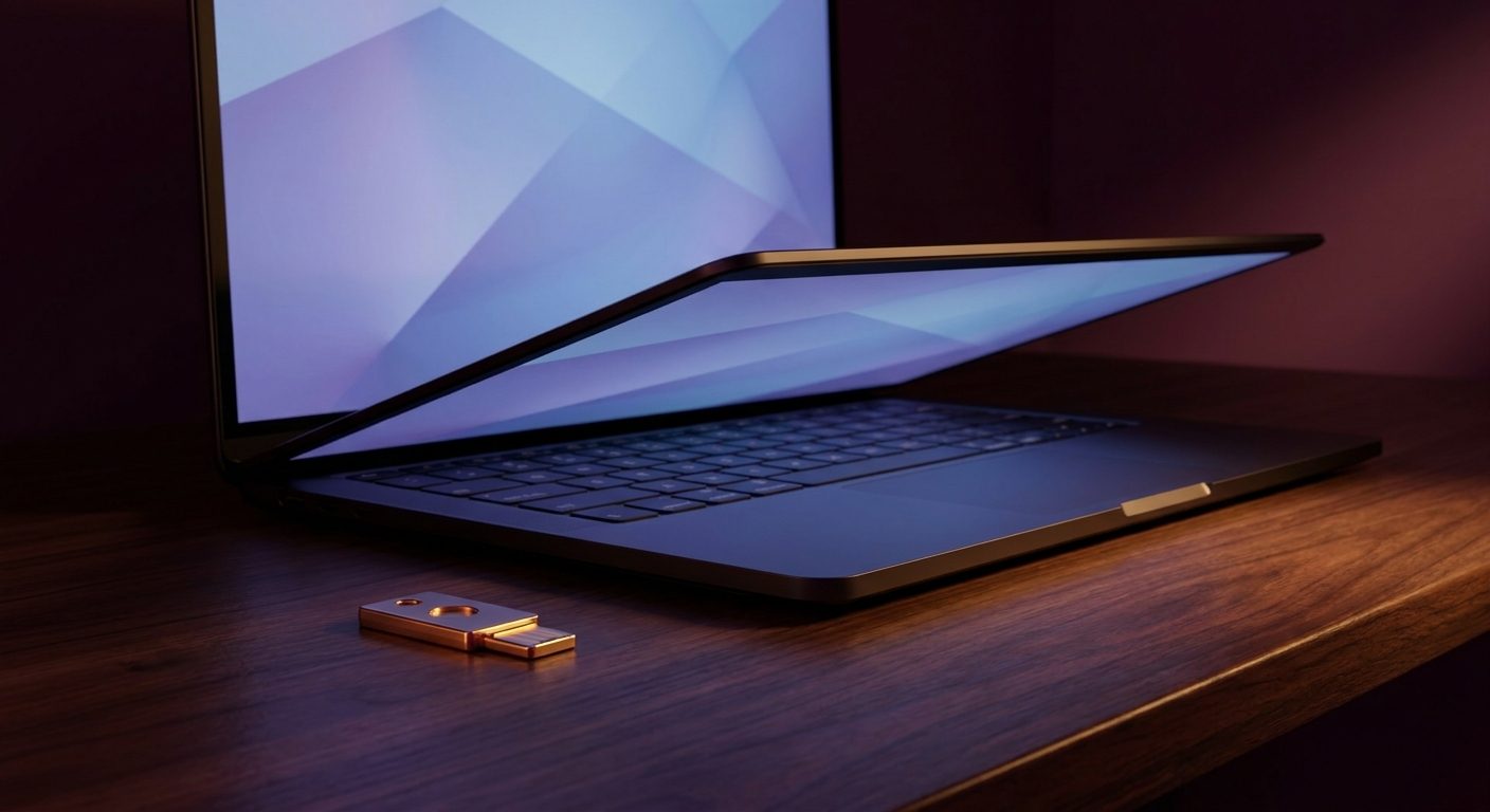 Ordinateur portable entrouvert et clé de sécurité matérielle sur un bureau sombre