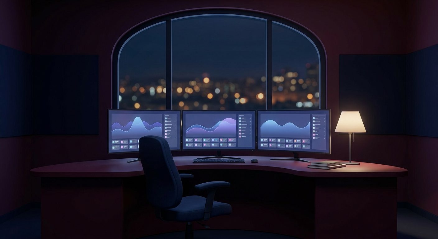 Salle d'exploitation de nuit avec trois écrans affichant des courbes et des indicateurs