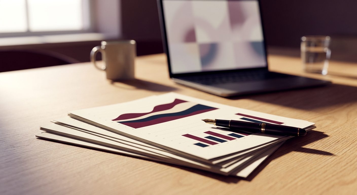 Rapport imprimé avec des graphiques abstraits et un stylo sur une table de réunion